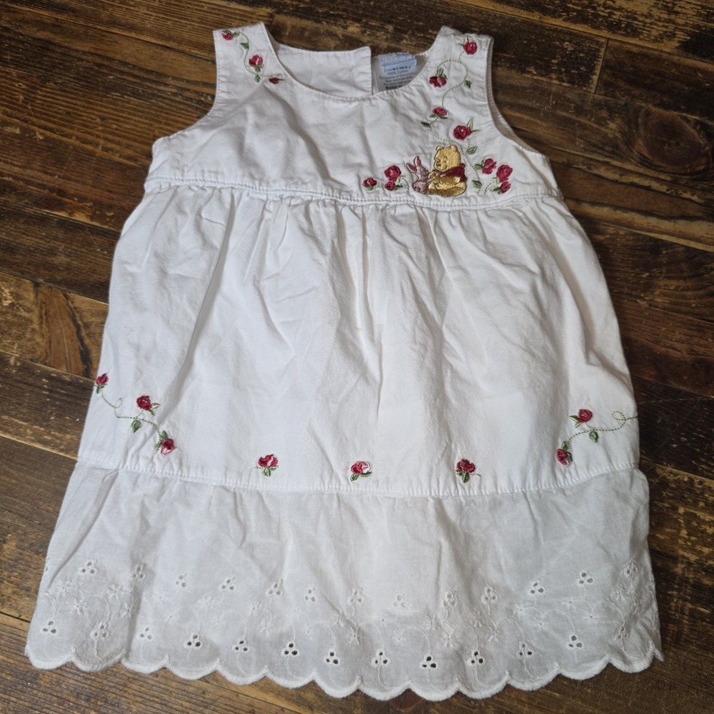 Vintage Disney Winnie The Pooh & Piglet Dress 90s Embroidered Roses 100% cotton